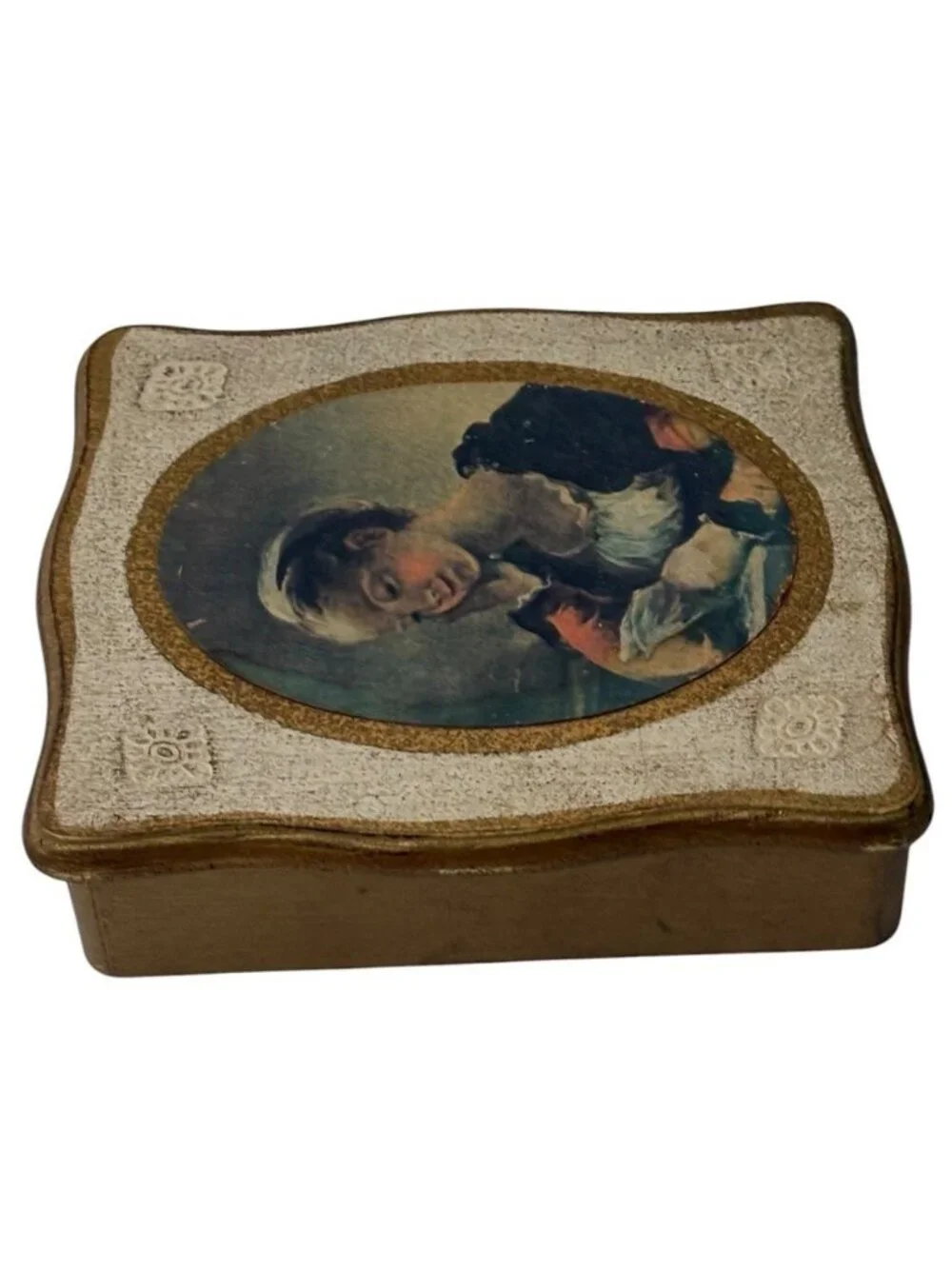 Vintage Mele Florentine Wooden Jewelry Trinket Box Hinged Lid